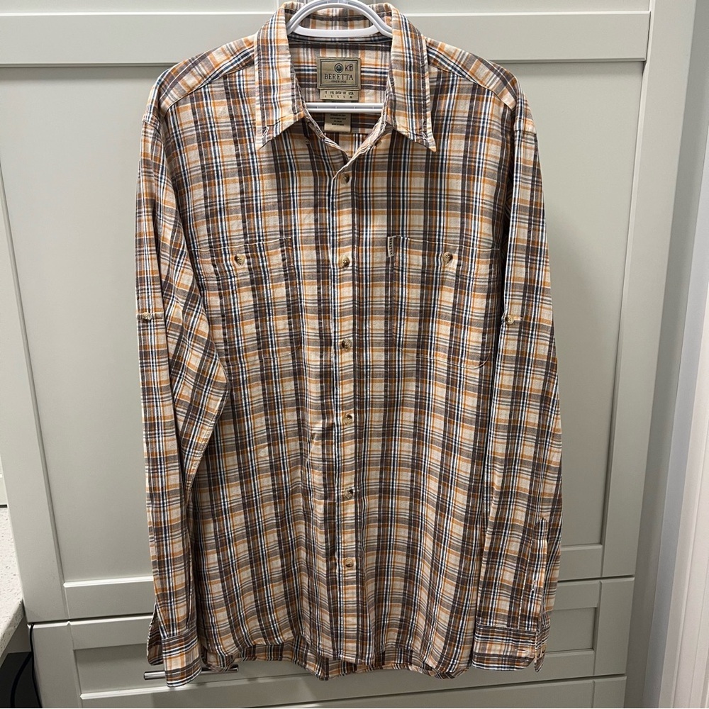 BERETTA 100% Cotton Soft Button Down LS Shirt Men’s Size Medium Orange & Brown